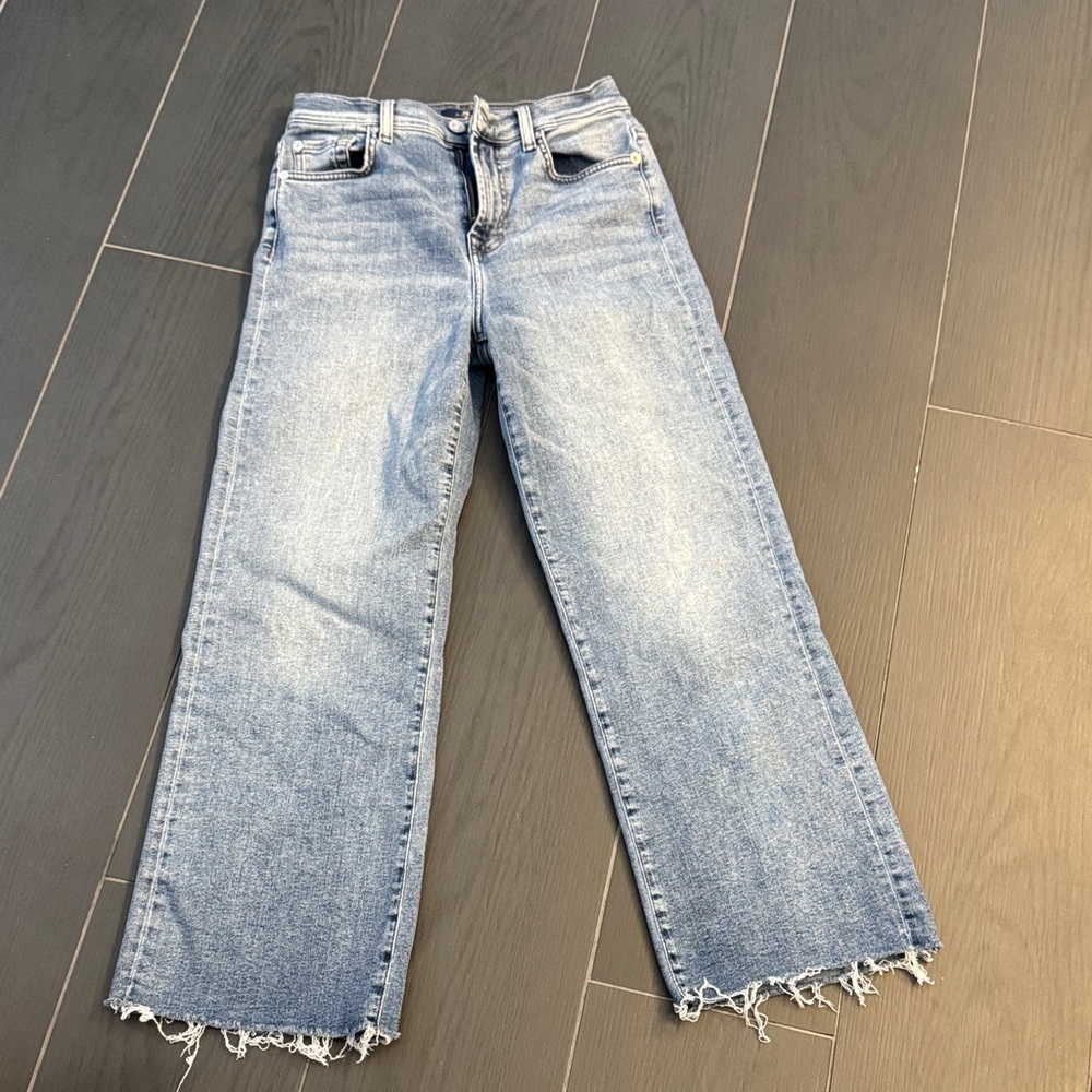 7 For All Mankind Light Blue Wide Leg Jeans with Raw Hem